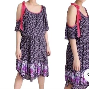 Free People Floral Flounce Hem Shoulder Pink Purple Dress Size XS